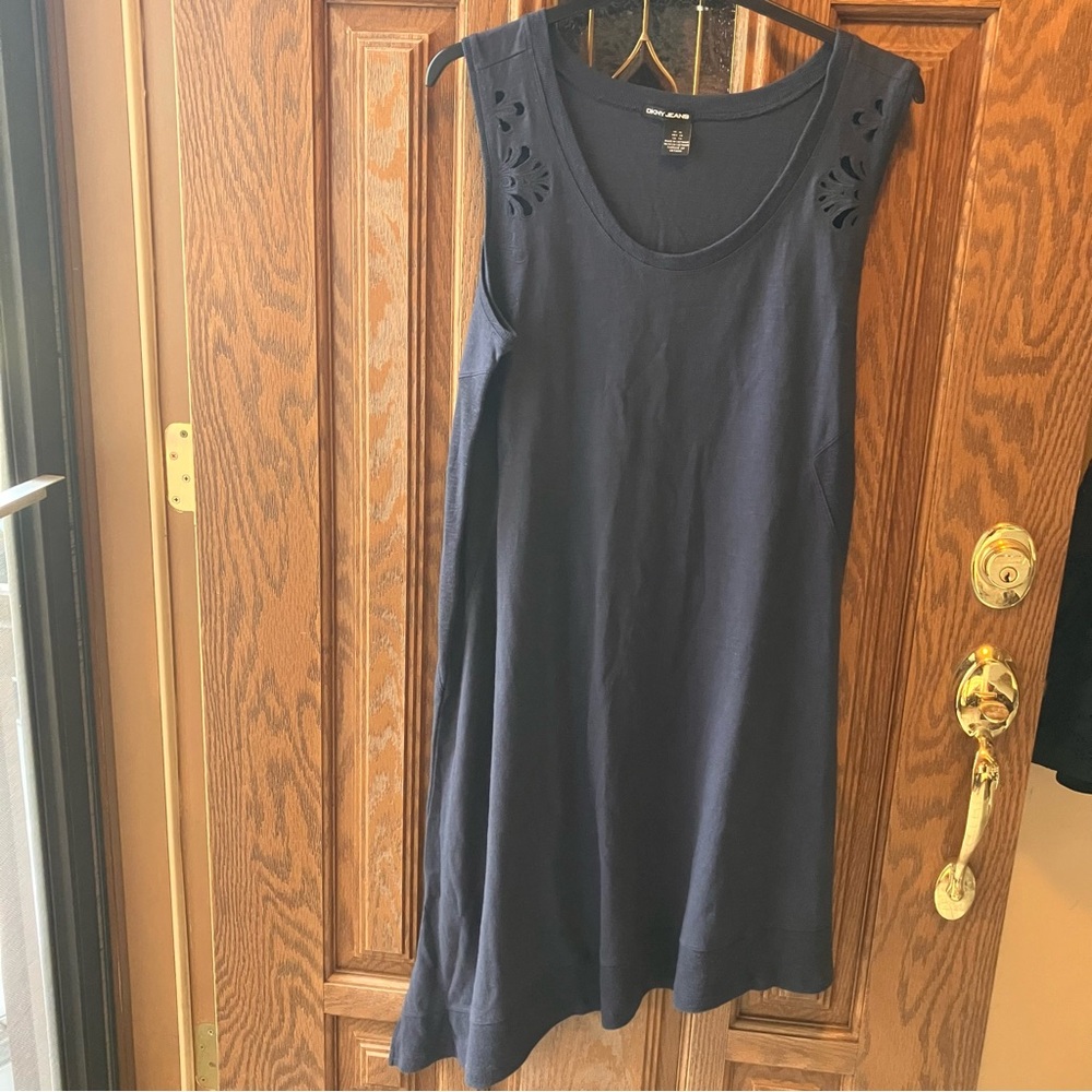 DKNY Jean's Women's Navy Blue Asymmetrical Scoop Neck Knit Dress Size XL Casual - Picture 1 of 10